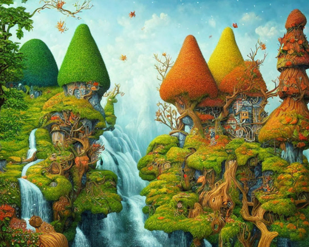 Vibrant fantasy landscape with tree-shaped houses and waterfalls