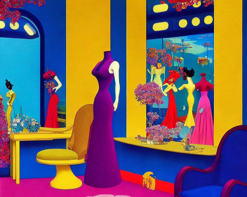 Vibrant Room Illustration with Mannequin, Woman, and Colorful Decor