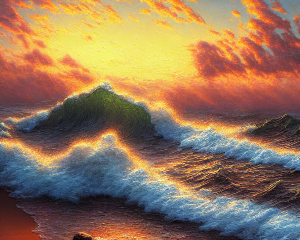 Colorful Sunset Seascape with Radiant Clouds and Crashing Waves