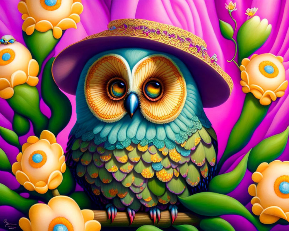 Colorful Stylized Owl with Hat and Flowers on Purple Background