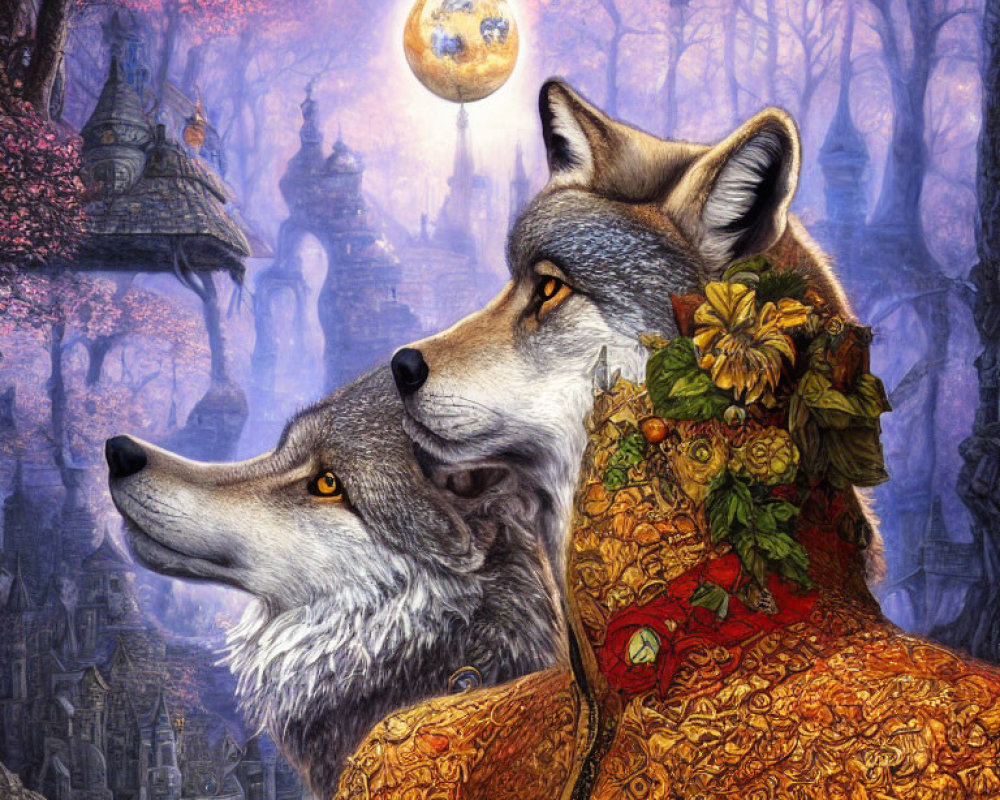 Wolf with floral adornments gazing at moonlit fantasy cityscape