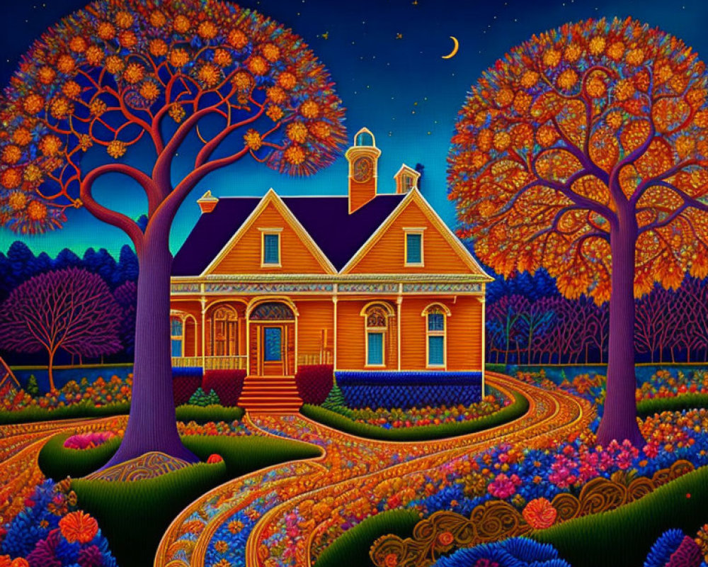 Colorful illustration of house with orange trees in garden at night