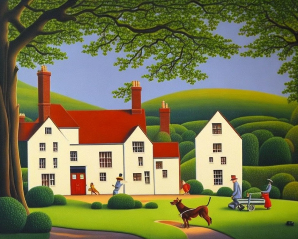 Whimsical painting of quaint village with green hills, round trees, white houses