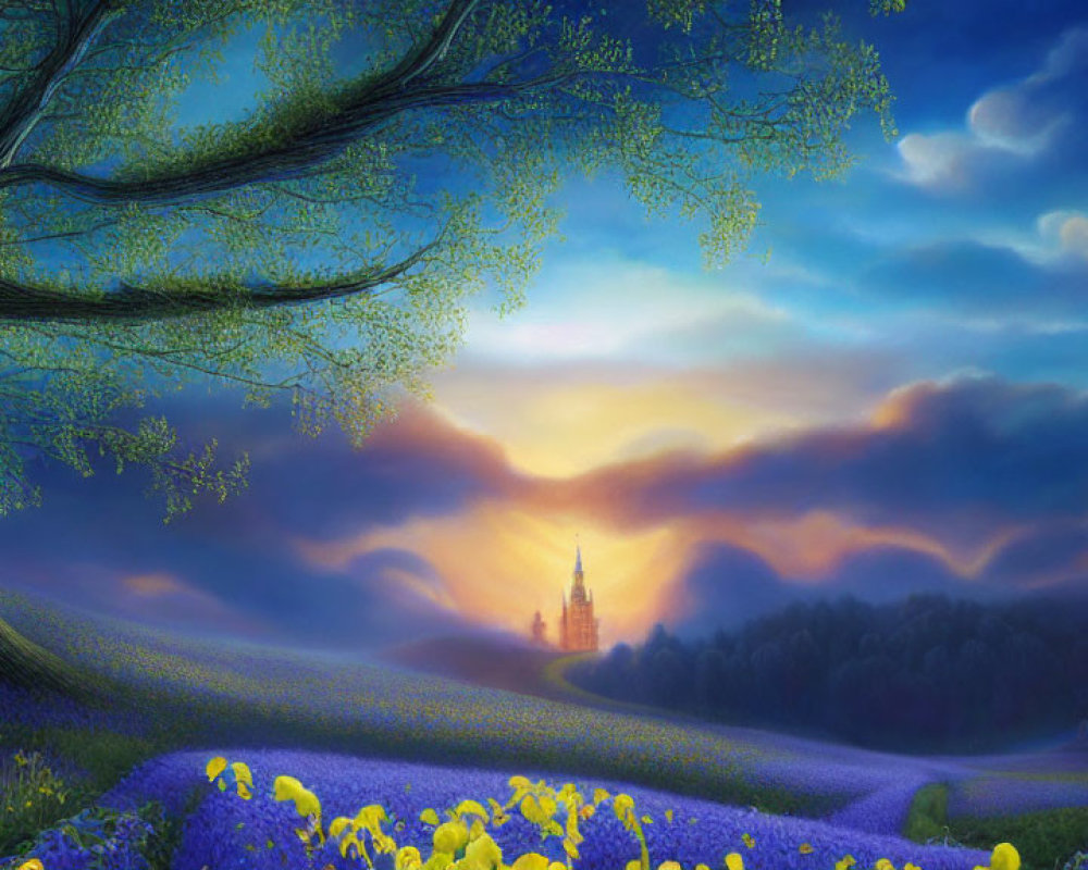 Colorful Dusk Landscape with Tree, Flowers, Hills & Castle