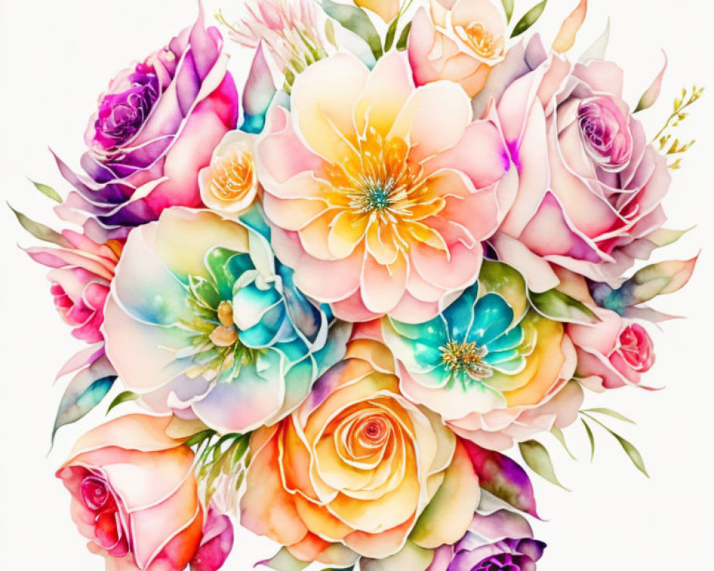 Detailed Watercolor Painting of Bouquet with Roses and Peonies