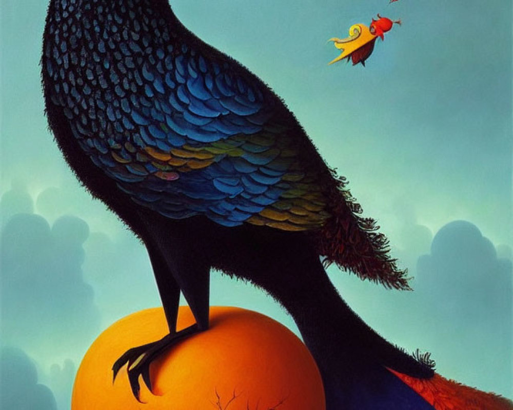 Stylized illustration of large raven on orange orb with multicolored feathers