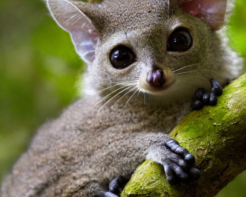 Small bush baby with large eyes and ears on branch in green environment