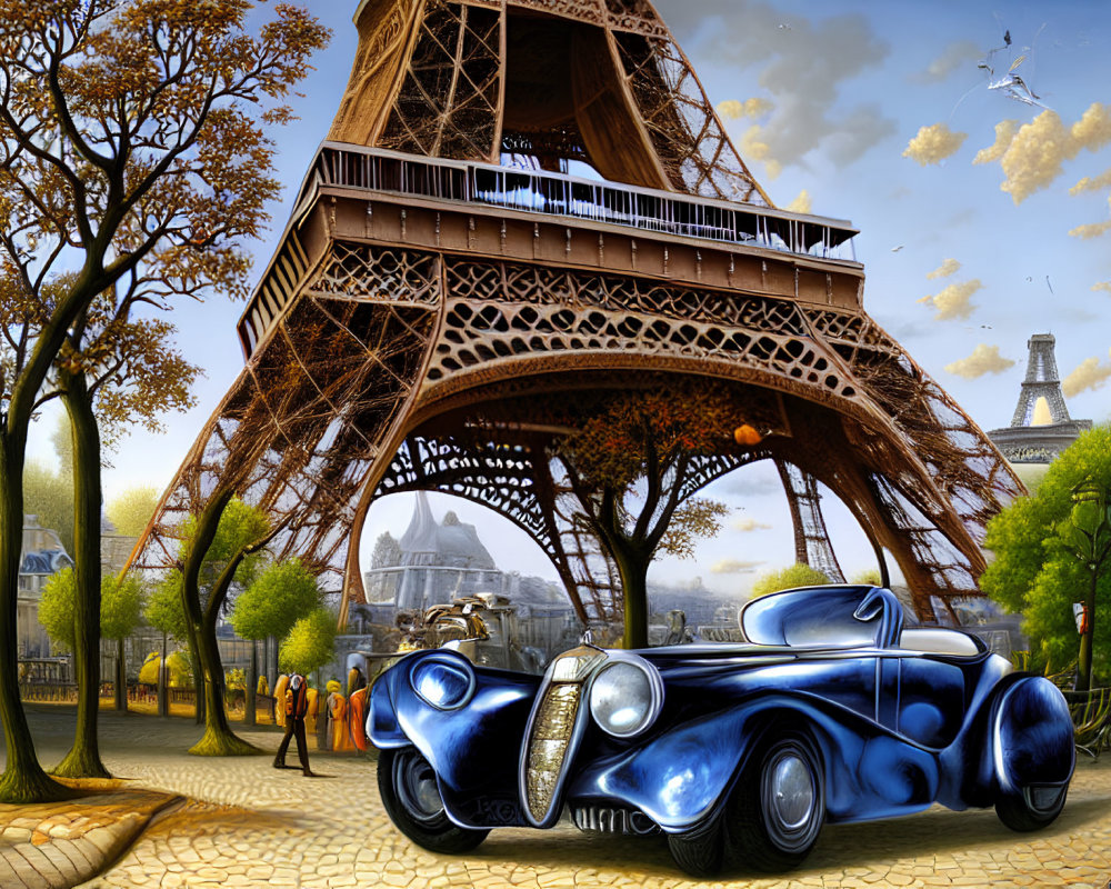 Eiffel Tower painting with vintage car in autumn landscape