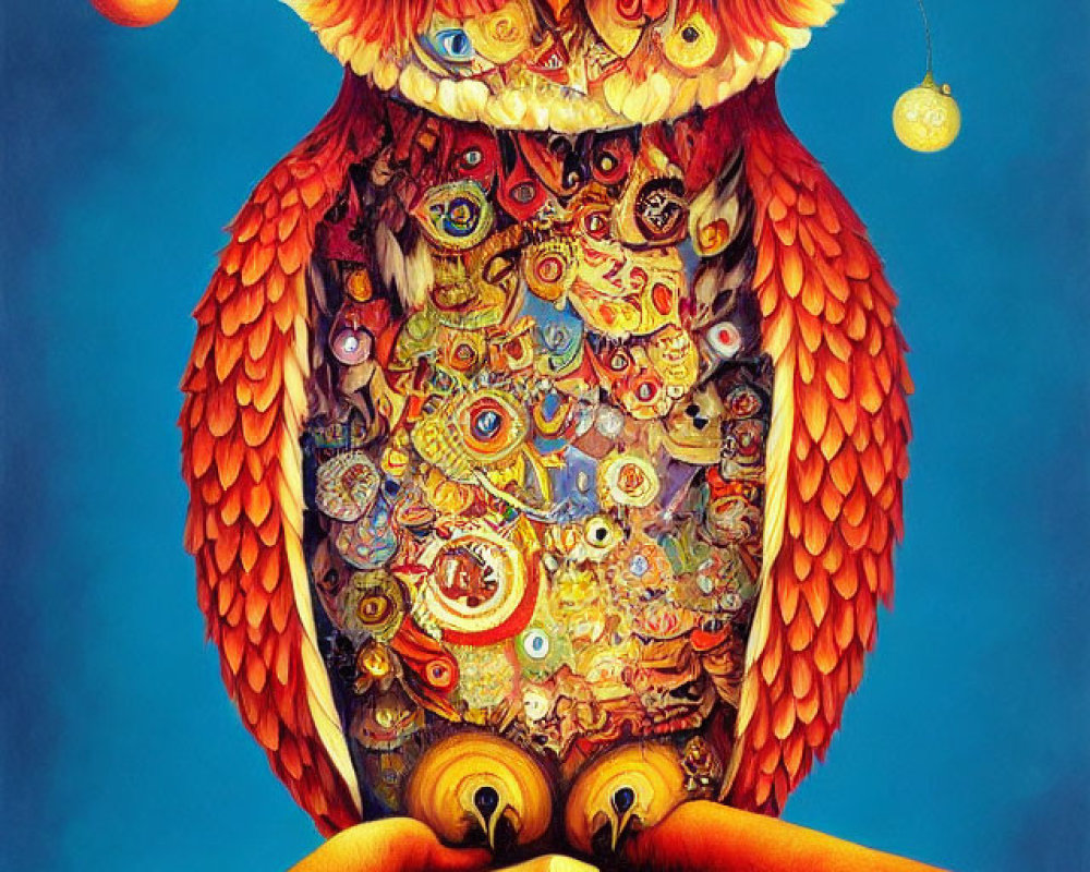 Colorful painting of owl with clockwork designs perched on branch