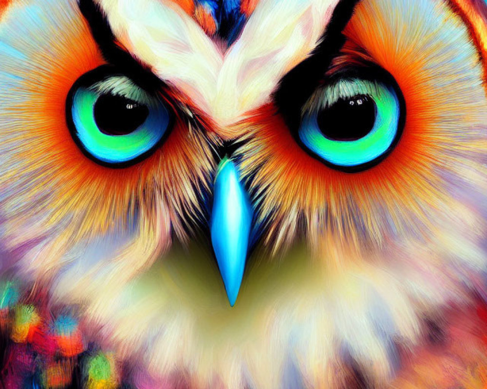 Colorful Digital Art: Owl with Intense Blue Eyes and Fiery Feathers