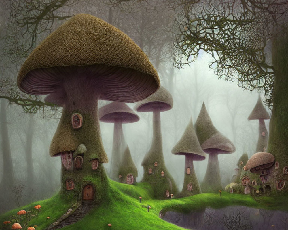 Whimsical forest with oversized mushroom houses and misty atmosphere