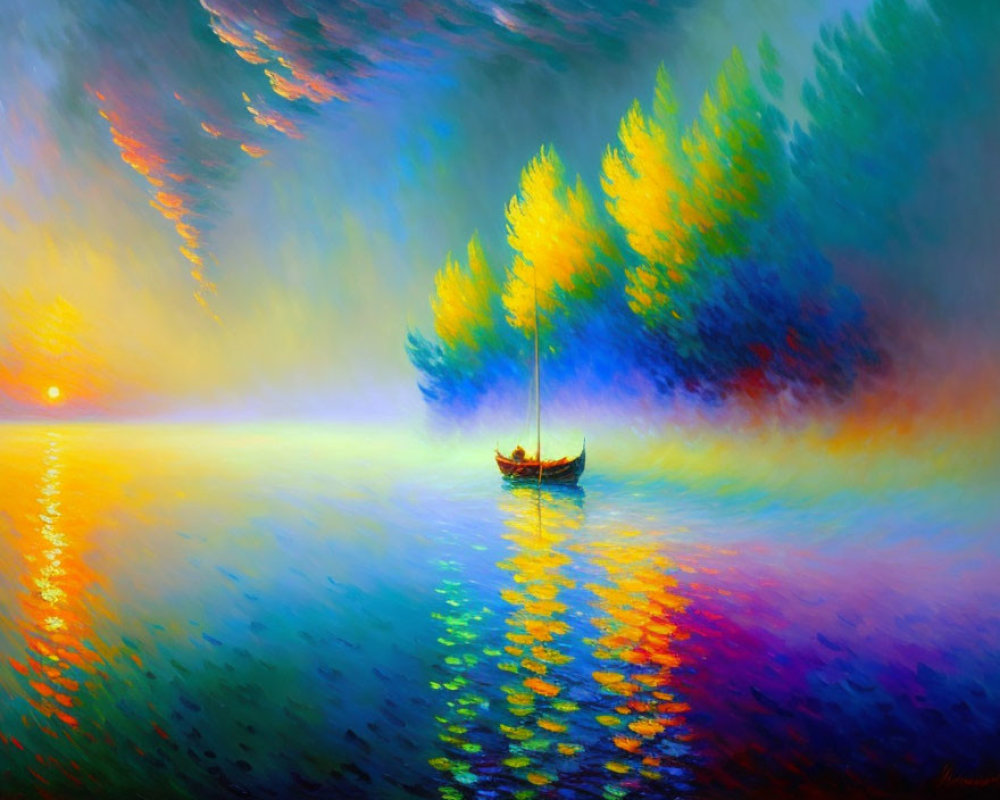 Colorful boat painting on serene lake with yellow and blue trees