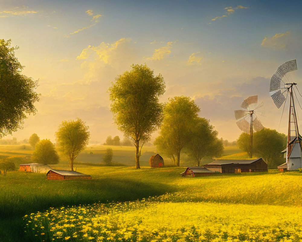 Serene rural sunrise scene with yellow flowers, windmills, and barns