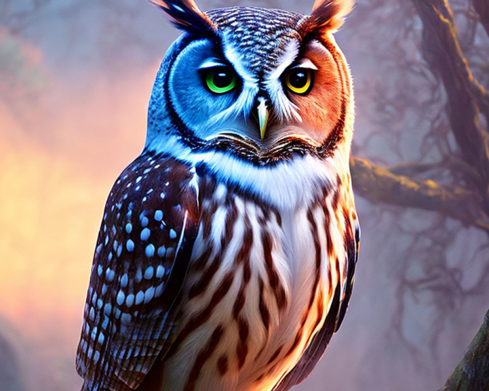 Colorful Owl Digital Illustration with Yellow Eyes on Branch in Misty Forest