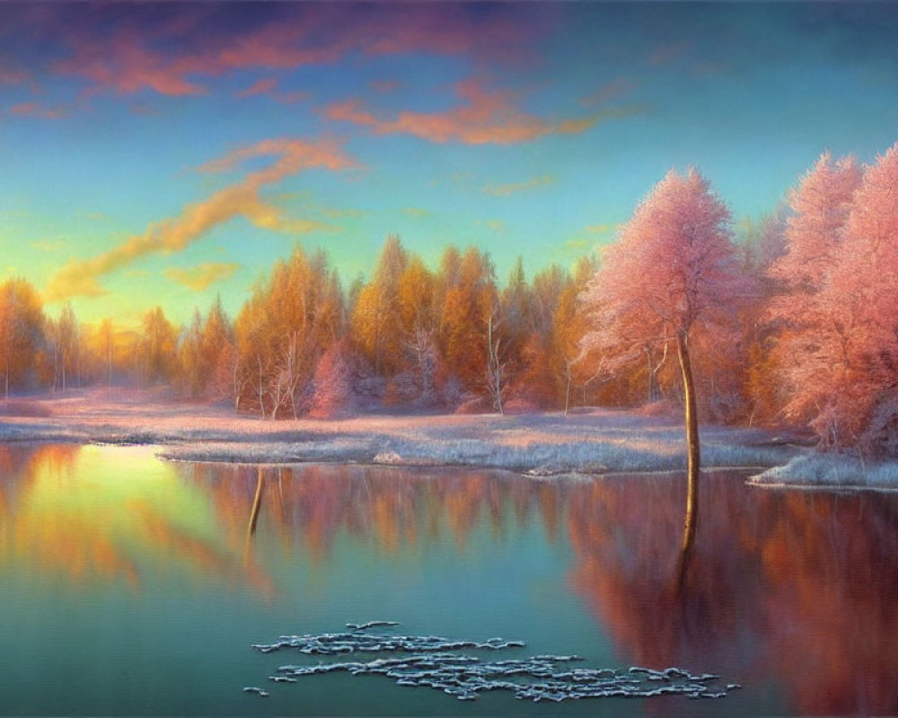 Tranquil dawn landscape with serene lake, pastel sky, and frost-covered trees