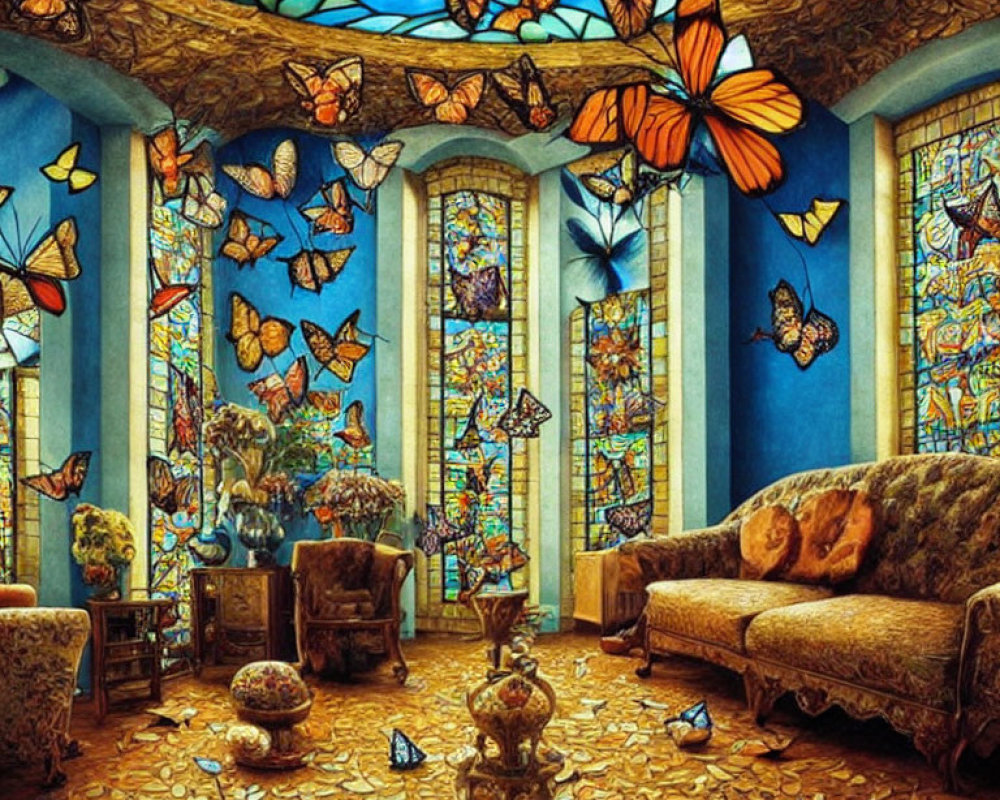 Butterfly-themed room with stained glass, ceiling art, real butterflies, elegant furniture, and warm