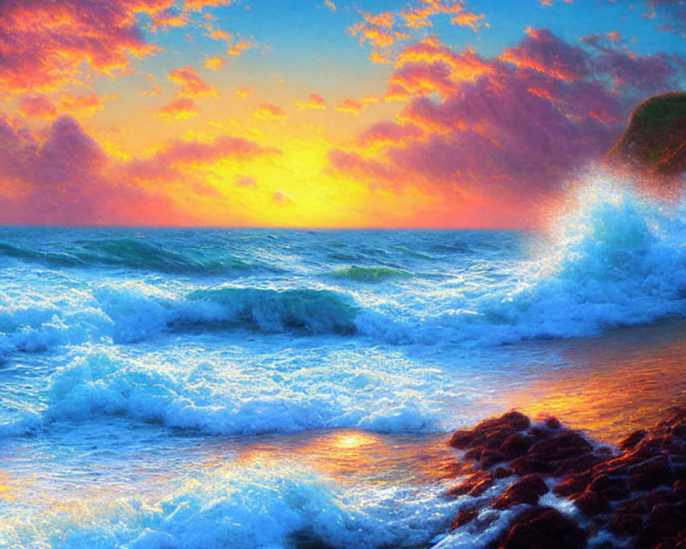 Fiery sunset ocean scene with crashing waves