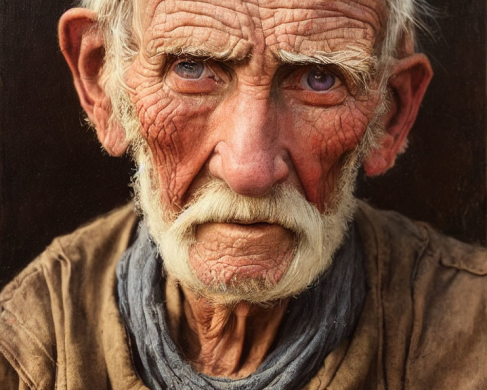 Elderly man with deep wrinkles in brown shirt and grey scarf