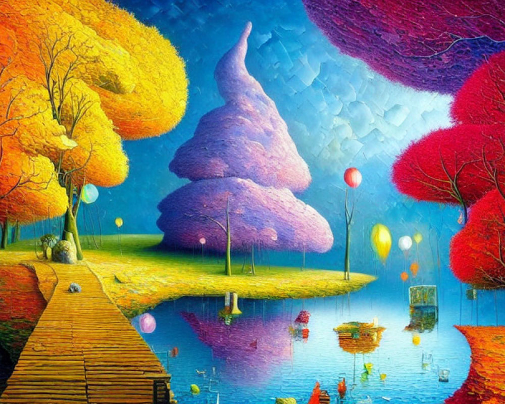 Colorful Landscape Painting with Vibrant Trees and Floating Balloons