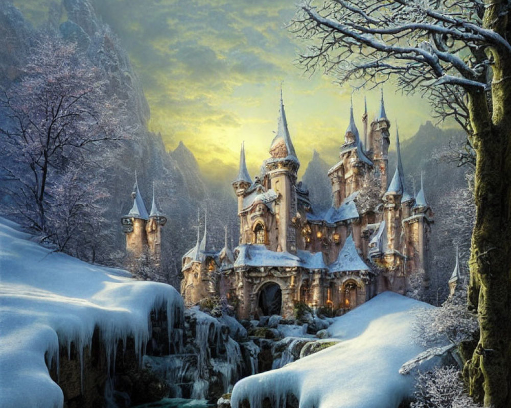 Snow-covered fairytale castle in wintry landscape with icy waterfalls.