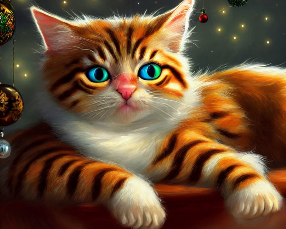 Orange Tabby Cat with Blue Eyes in Festive Christmas Setting