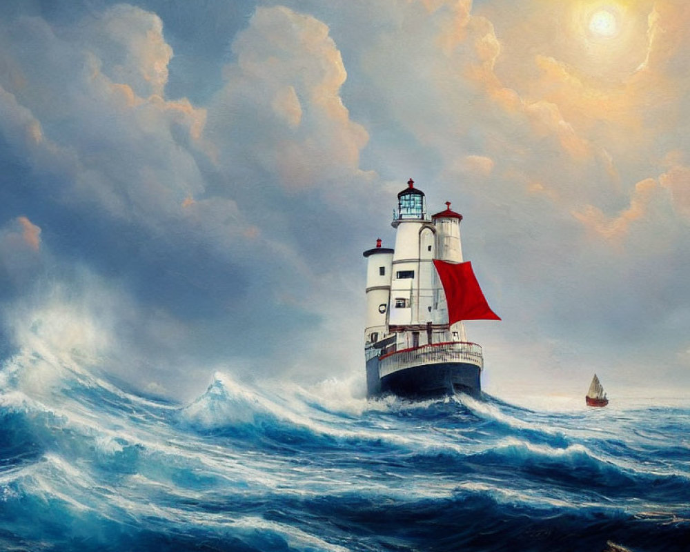 Dramatic seascape painting with lighthouse, red flag, and boat