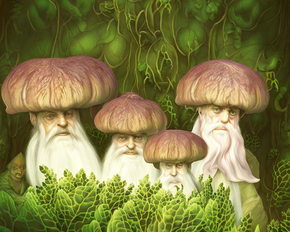 Whimsical characters with mushroom hats in lush green forest