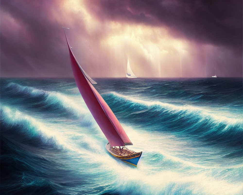 Colorful sailboat sails turbulent seas under stormy sky with distant boats.