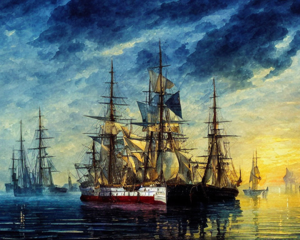 Tall ships with billowing sails on calm waters at dawn/dusk under a dramatic cloudy sky