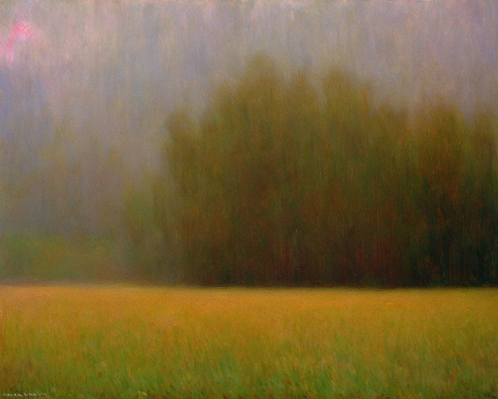 Impressionistic landscape painting with misty grove and green field