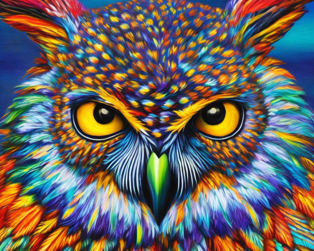 Colorful Owl Painting with Intense Yellow Eyes and Detailed Feathers