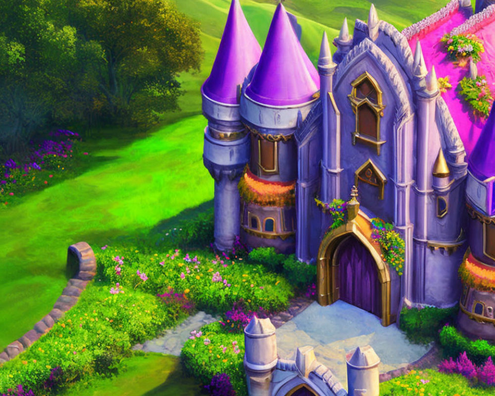 Fantasy Castle with Purple Rooftops in Vibrant Setting