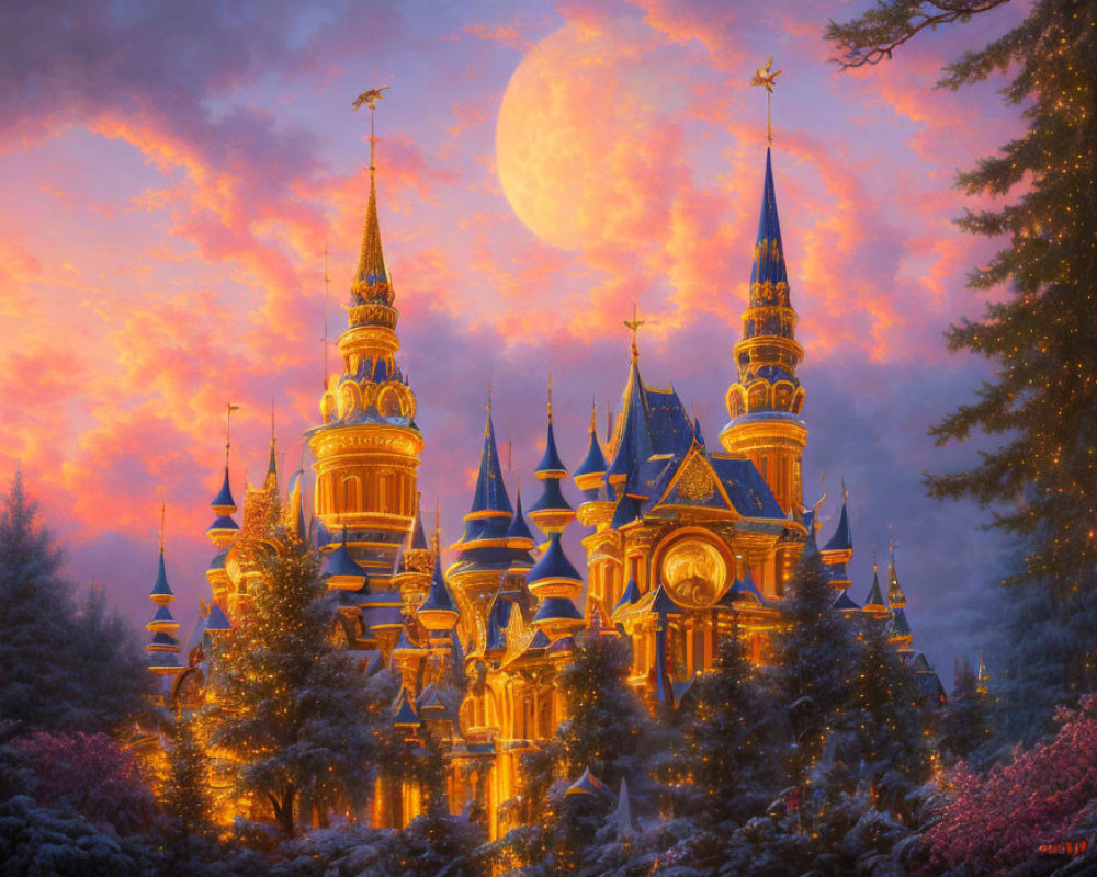 Fantastical castle with spires under sunset sky and moon, surrounded by lush forests.