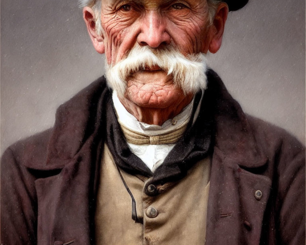 Elderly Man with White Mustache in Cap, Coat, and Scarf