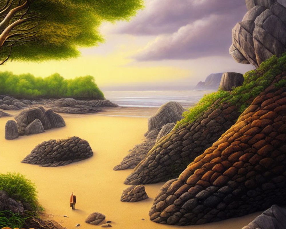 Tranquil beach scene with person walking, rock formations, sandy shores, trees, calm sea,