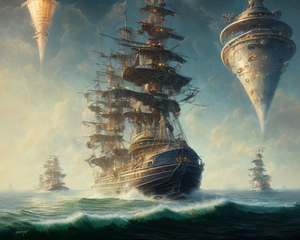 Tall ships on turbulent sea with floating futuristic towers