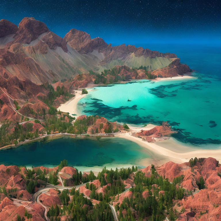 Coastal landscape with turquoise waters, red mountains, sandy beaches, under starry night sky