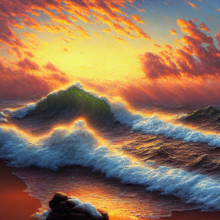 Colorful Sunset Seascape with Radiant Clouds and Crashing Waves