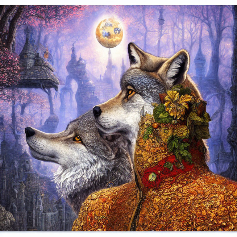 Wolf with floral adornments gazing at moonlit fantasy cityscape