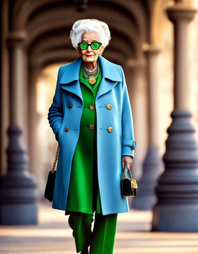 Stylish Senior Woman in Blue Coat and Green Accessories