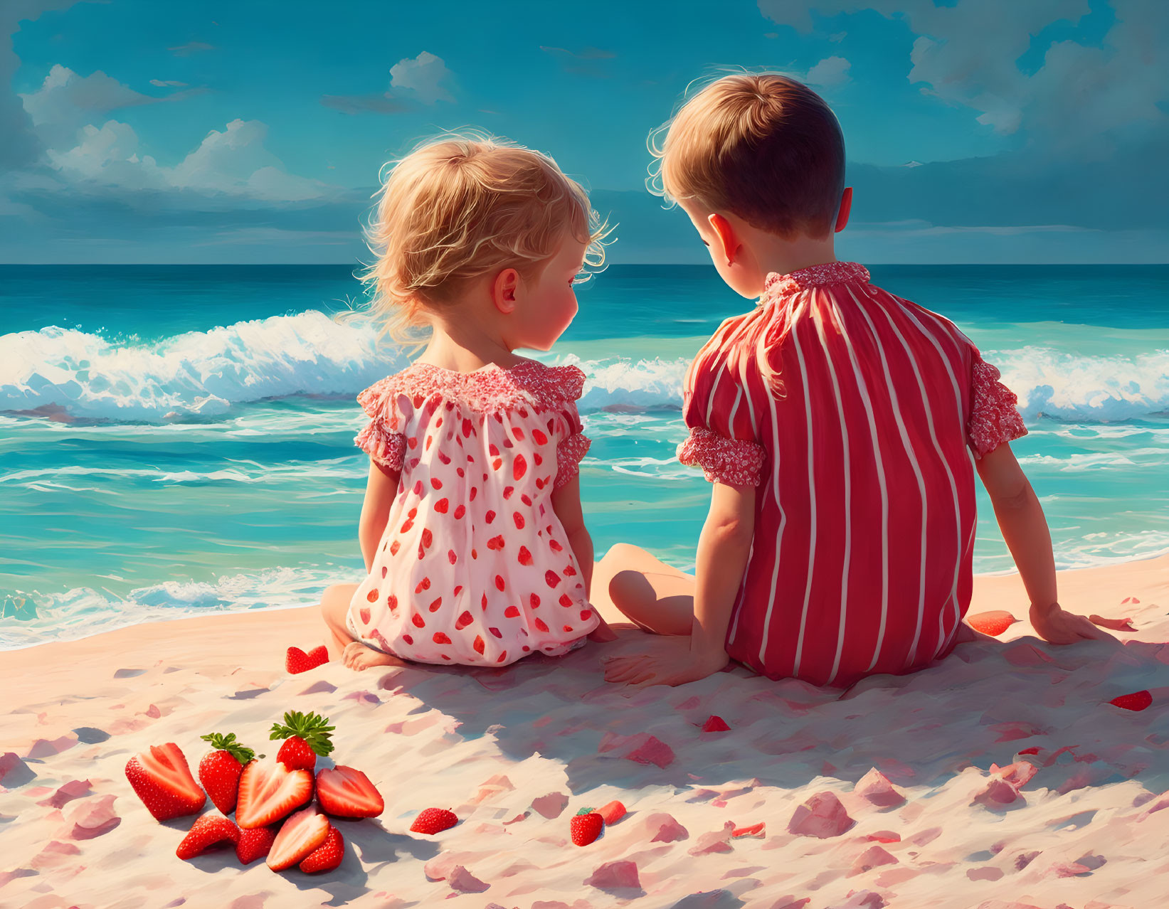 Young children on sandy beach with fresh strawberries