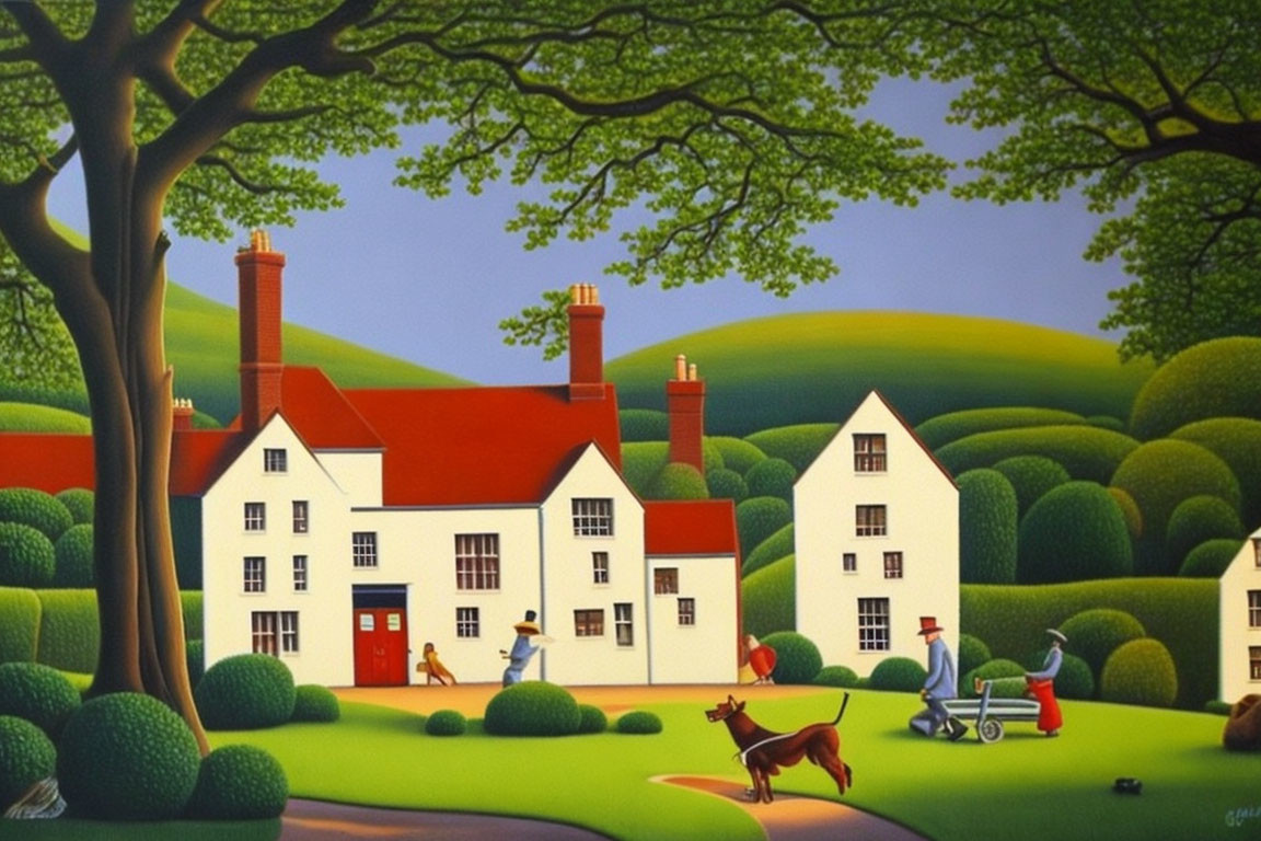 Whimsical painting of quaint village with green hills, round trees, white houses