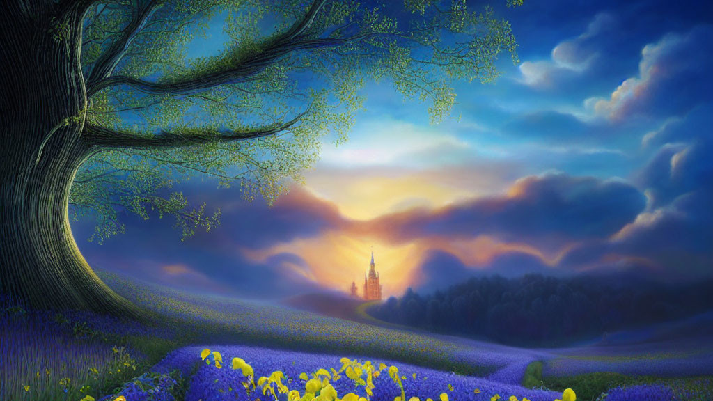 Colorful Dusk Landscape with Tree, Flowers, Hills & Castle