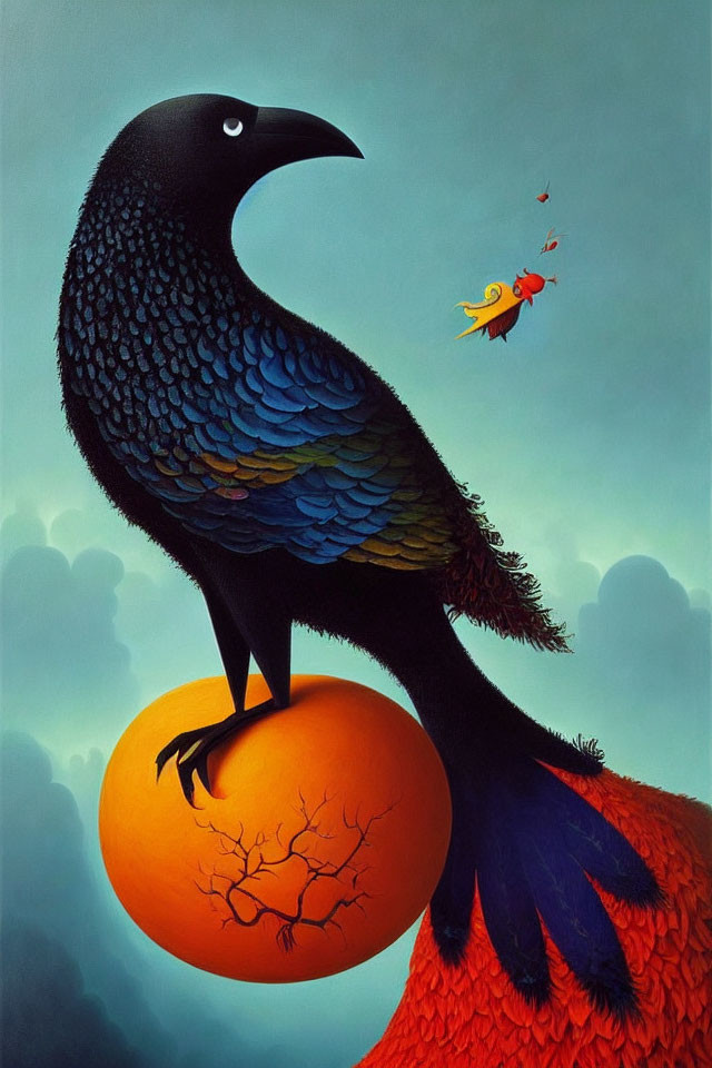 Stylized illustration of large raven on orange orb with multicolored feathers