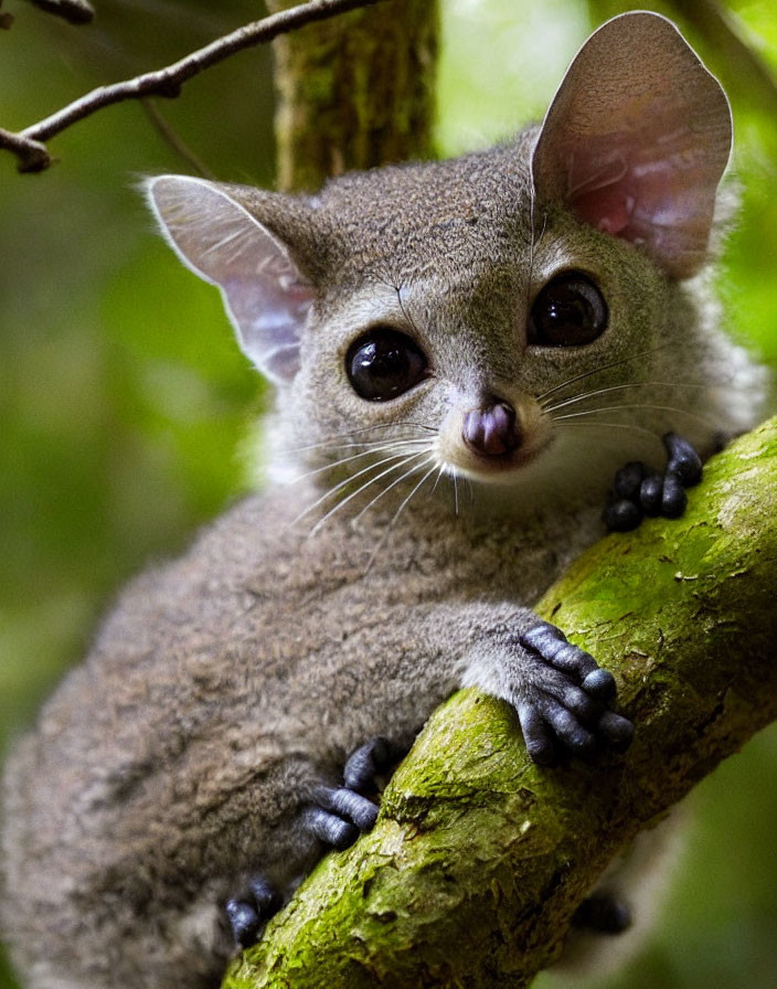 Small bush baby with large eyes and ears on branch in green environment