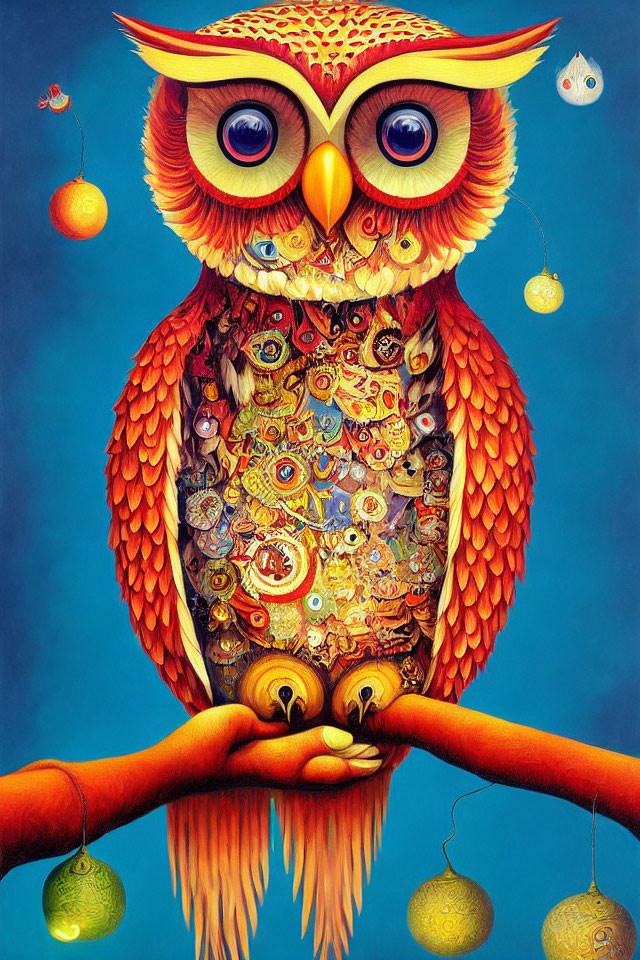 Colorful painting of owl with clockwork designs perched on branch