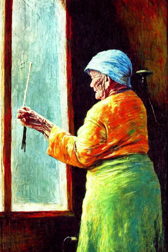 Elderly woman sewing by window with blue headscarf