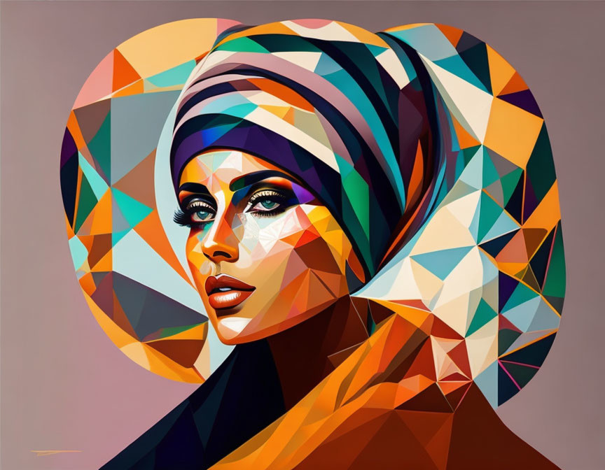 Vibrant geometric art of a woman with striking eyes and turban