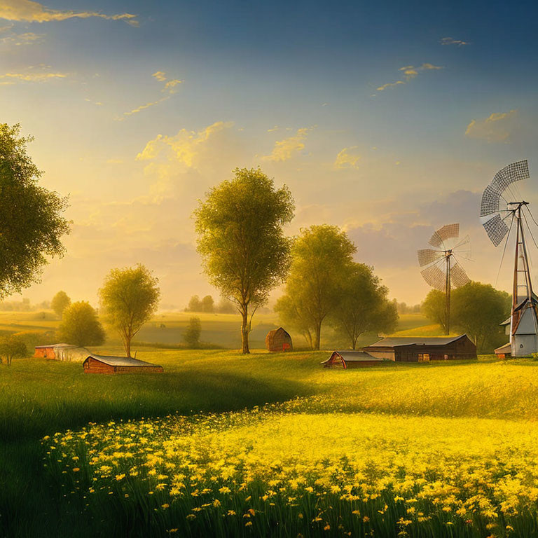 Serene rural sunrise scene with yellow flowers, windmills, and barns