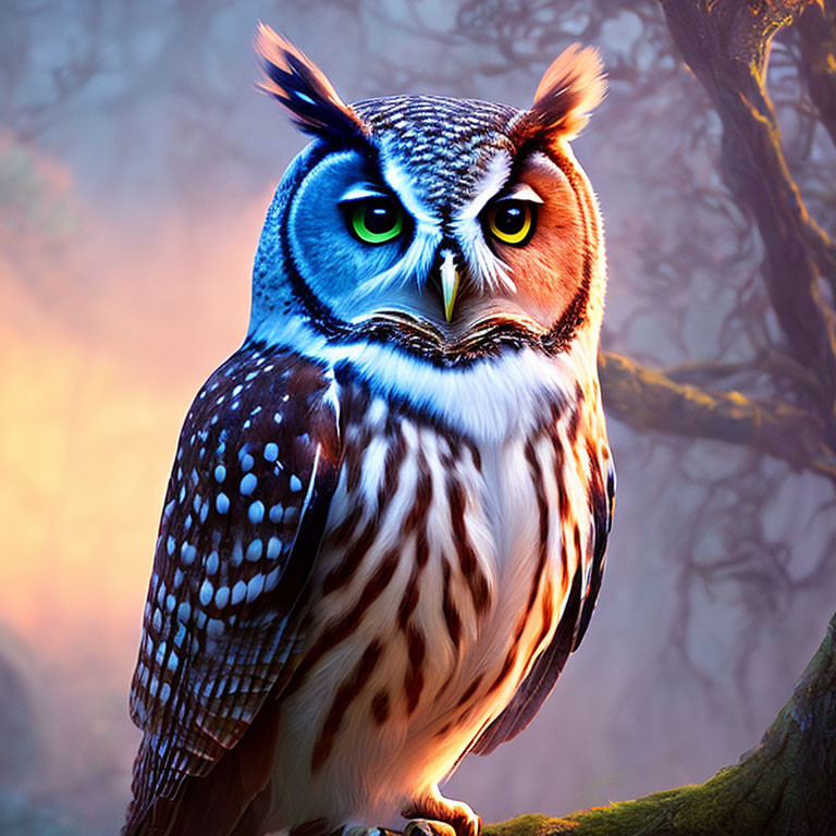 Colorful Owl Digital Illustration with Yellow Eyes on Branch in Misty Forest